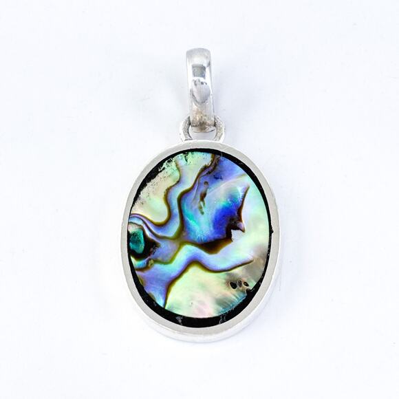 Vintage Sterling Silver 925 Iridescent Gemstone Abalone Oval Pendant - Picture 2 of 7